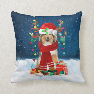 Rough Collie dog with Christmas gifts Throw Pillow