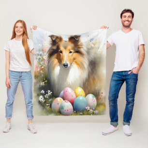 Rough Collie Dog with Easter Eggs Holiday  Fleece Blanket