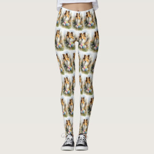 Rough Collie Dog with Easter Eggs Holiday Leggings