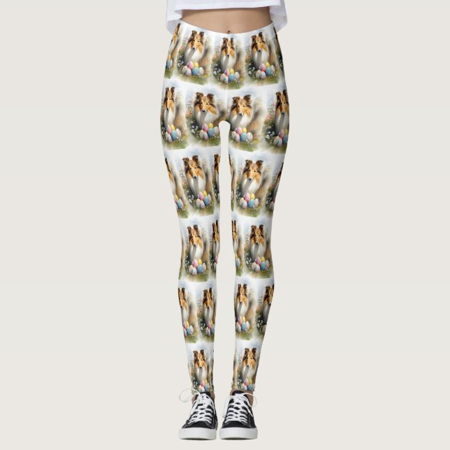 Rough Collie Dog with Easter Eggs Holiday  Leggings (Front)