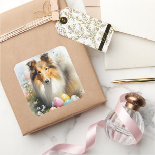Rough Collie Dog with Easter Eggs Holiday  Square Sticker
