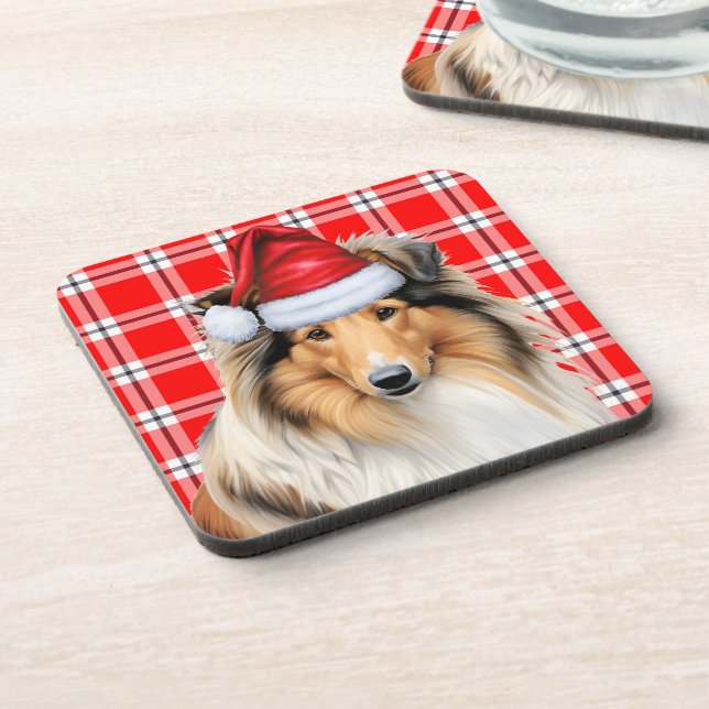 Rough Collie Dog with Red Holiday Plaid Christmas Coaster (Left Side)