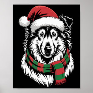 Rough Collie Dog Xmas Santa Hat Scarf Christmas Co Poster