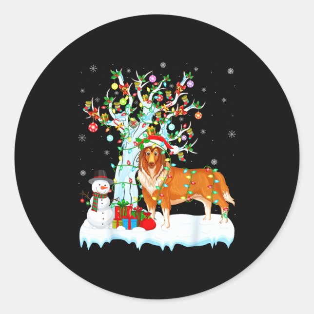 Rough Collie Dog Xmas Tree Lighting Rough Collie C Classic Round Sticker (Front)