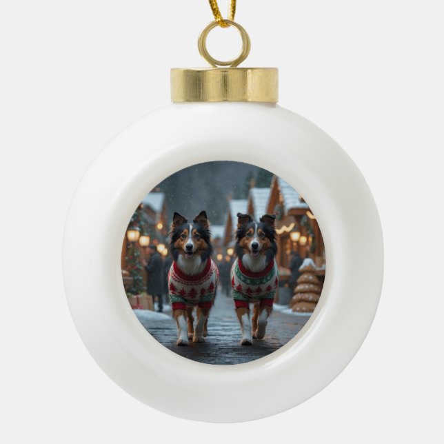 Rough Collie Dogs Christmas Snow Holiday Ceramic Ball Christmas Ornament (Front)