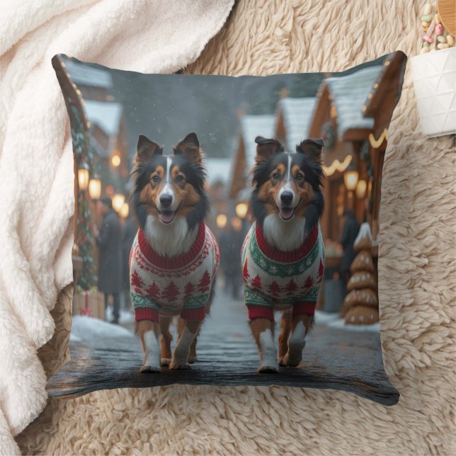 Rough Collie Dogs Christmas Snow Holiday Throw Pillow (Blanket)
