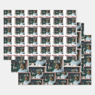 Rough Collie Happy Collidays Christmas Wrapping Paper Sheet