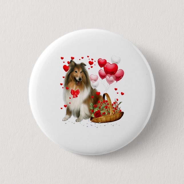 Rough Collie Heart Balloon Happy Valentine Day Dog 2 Inch Round Button (Front)