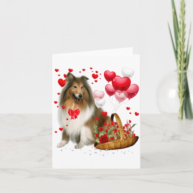 Rough Collie Heart Balloon Happy Valentine Day Dog Card (Front)