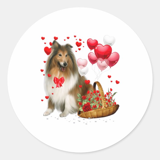 Rough Collie Heart Balloon Happy Valentine Day Dog Classic Round Sticker (Front)