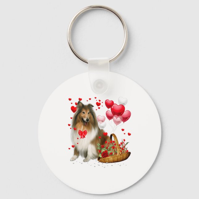 Rough Collie Heart Balloon Happy Valentine Day Dog Keychain (Front)