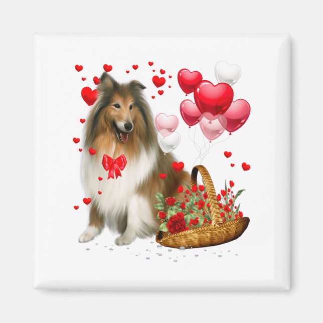 Rough Collie Heart Balloon Happy Valentine Day Dog Magnet (Front)