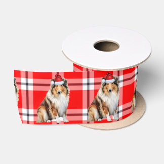 Rough Collie Holiday Plaid Funny Dog Christmas Satin Ribbon