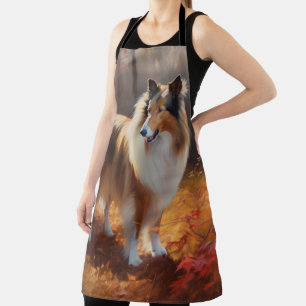 Rough Collie in Autumn Leaves Fall Inspire Apron