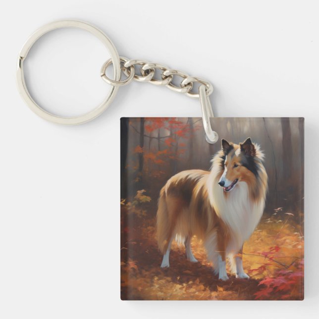 Rough Collie in Autumn Leaves Fall Inspire Keychain (Front)