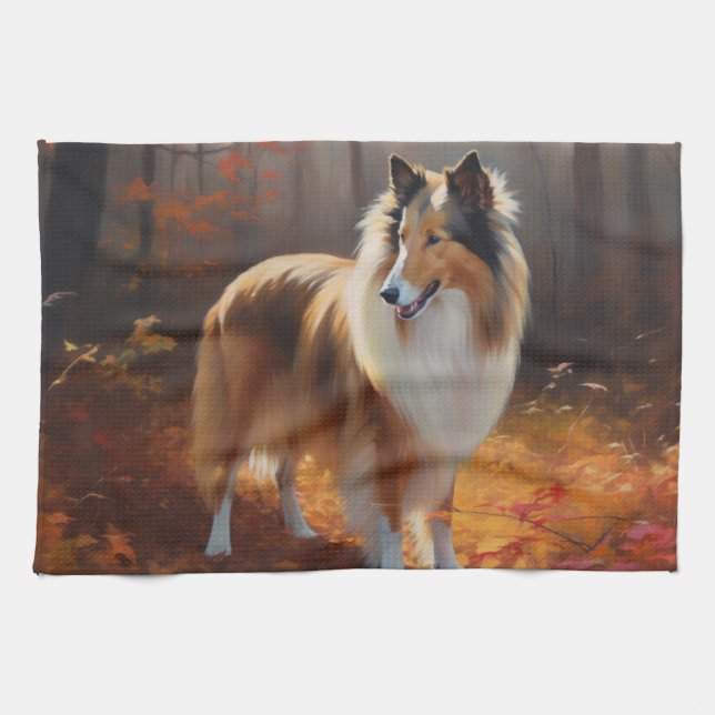 Rough Collie in Autumn Leaves Fall Inspire Kitchen Towel (Horizontal)