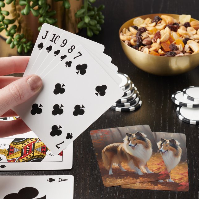 Rough Collie in Autumn Leaves Fall Inspire Playing Cards (In Situ)