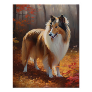 Rough Collie in Autumn Leaves Fall Inspire Poster