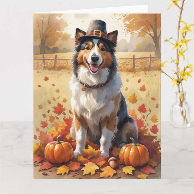 Rough Collie In Autumn Leaves Thanksgiving Art Card (Yellow Flower)