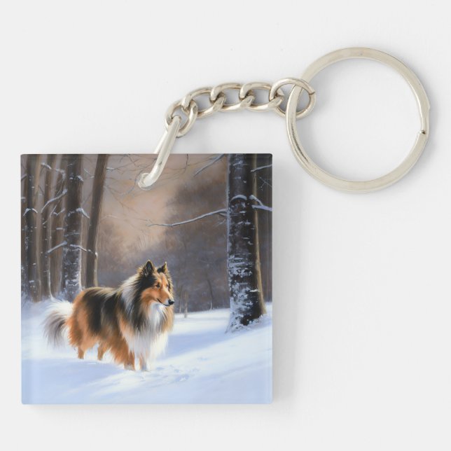 Rough Collie Let It Snow Christmas Keychain (Back)
