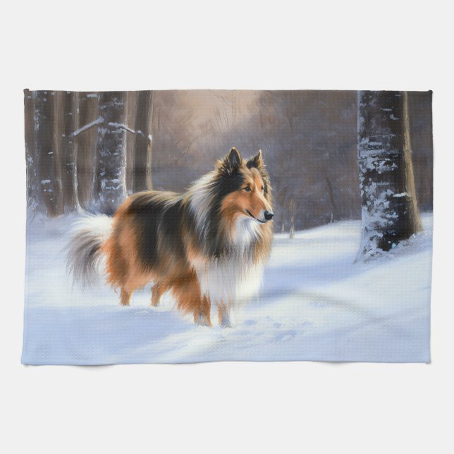 Rough Collie Let It Snow Christmas Kitchen Towel (Horizontal)