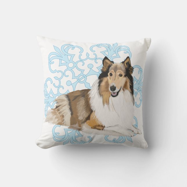 Rough Collie on a blue snow flake background Throw Pillow (Front)