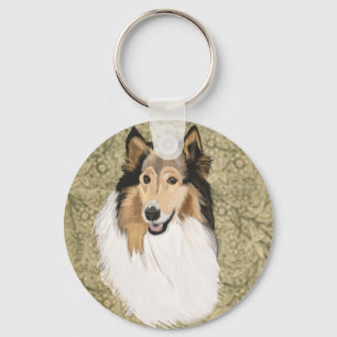 Rough Collie on a Brown Floral background Keychain