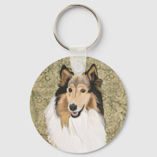 Rough Collie on a Brown Floral background Keychain