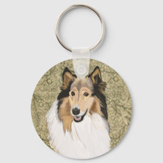 Rough Collie on a Brown Floral background Keychain