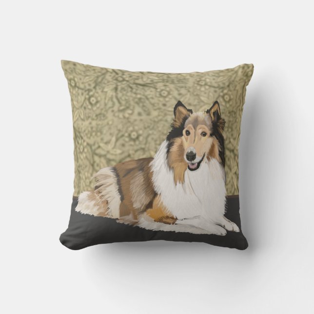 Rough Collie on a Brown Floral background Throw Pillow (Front)