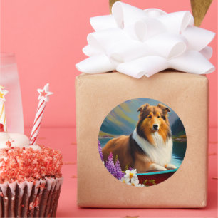 Rough Collie on a Paddle: A Scenic Adventure Classic Round Sticker