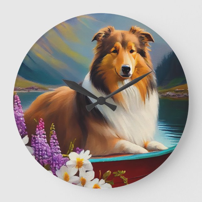 Rough Collie on a Paddle: A Scenic Adventure Large Clock (Front)
