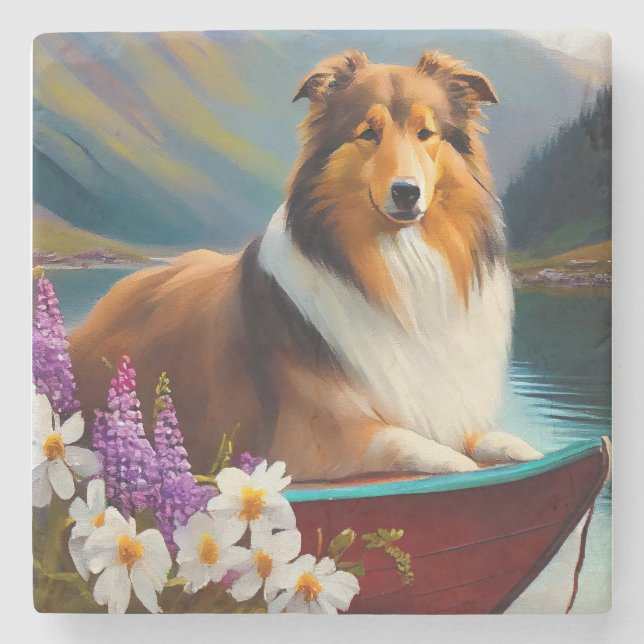 Rough Collie on a Paddle: A Scenic Adventure Stone Coaster (Front)