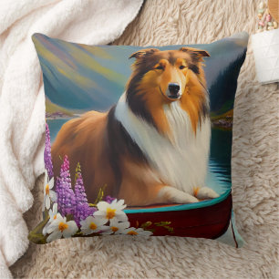Rough Collie on a Paddle: A Scenic Adventure Throw Pillow