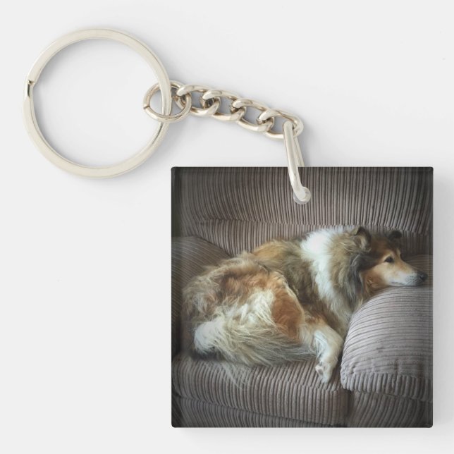 Rough collie on armchair keychain (Front)