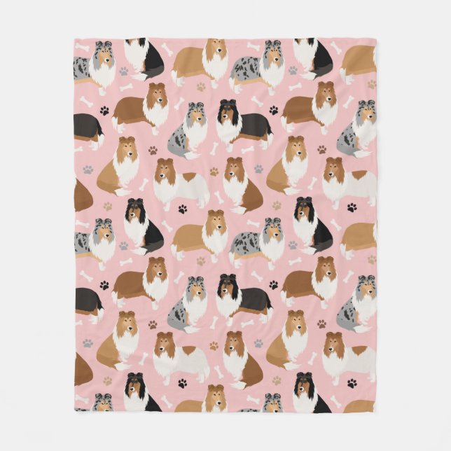 Rough Collie Paws and Bones Fleece Blanket (Front)