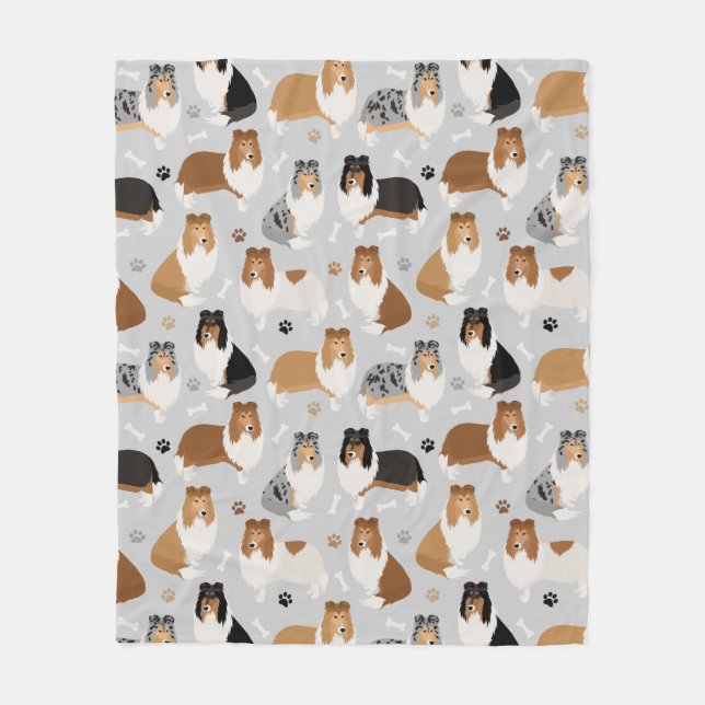 Rough Collie Paws and Bones Fleece Blanket (Front)