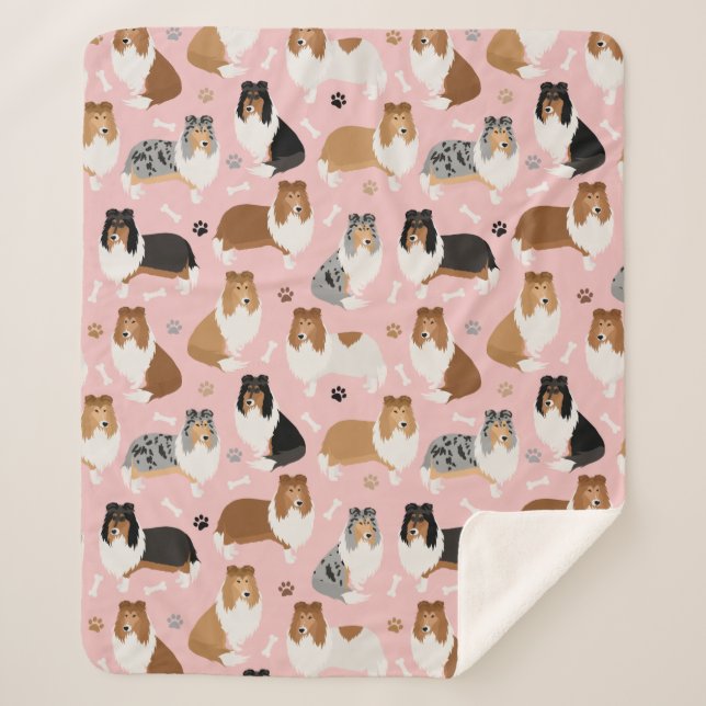 Rough Collie Paws and Bones Sherpa Blanket (Front)