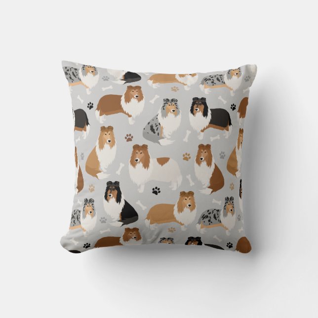 Rough Collie Paws and Bones Throw Pillow (Front)