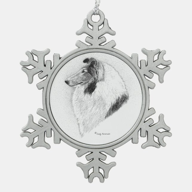 Rough Collie Pen and Ink - Juliet Vs VAlley Fever Snowflake Pewter Christmas Ornament (Front)