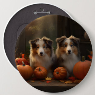 Rough Collie Puppy Autumn Delight Pumpkin  6 Inch Round Button