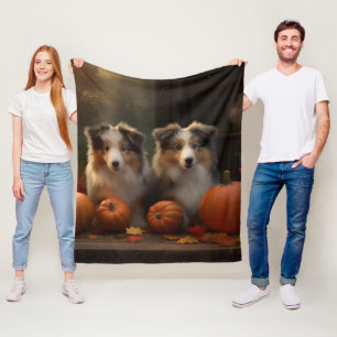 Rough Collie Puppy Autumn Delight Pumpkin  Fleece Blanket