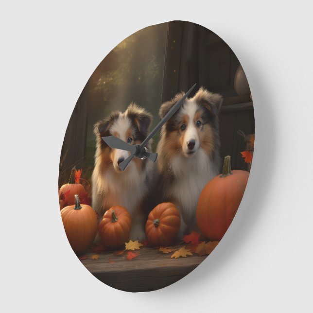 Rough Collie Puppy Autumn Delight Pumpkin  Large Clock (Angle)