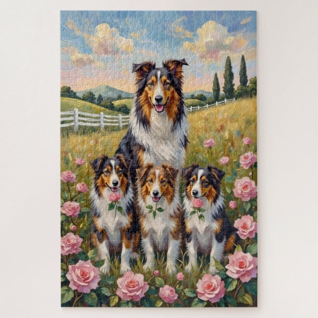 Rough Collie Rose Meadow Art Jigsaw Puzzle (Vertical)