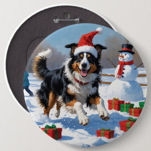 Rough Collie Running in Snow with Christmas Hat 6 Inch Round Button