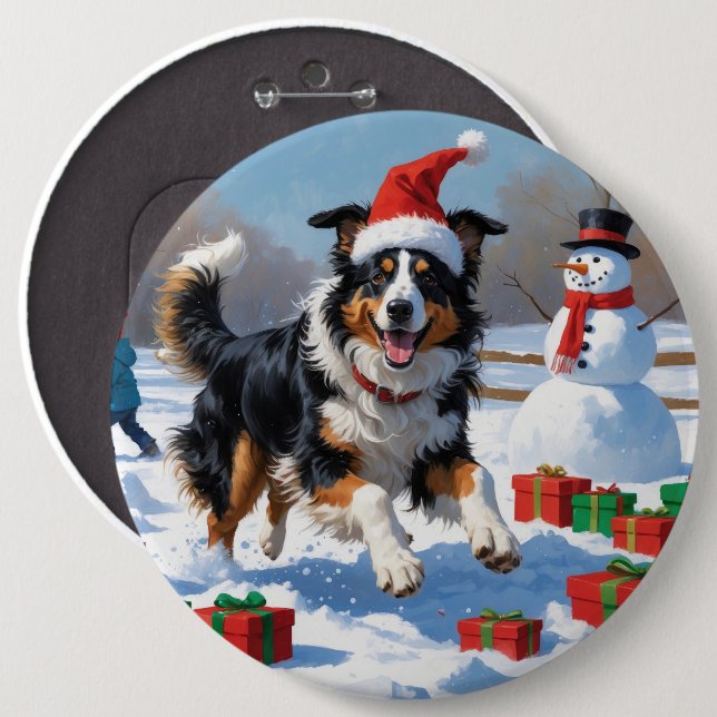 Rough Collie Running in Snow with Christmas Hat 6 Inch Round Button (Front & Back)