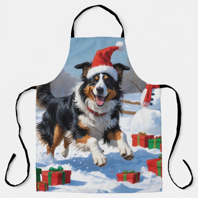 Rough Collie Running in Snow with Christmas Hat Apron (Front)