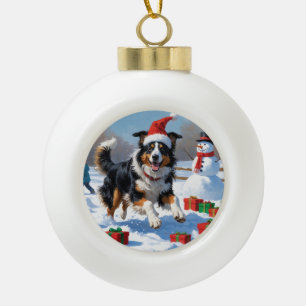 Rough Collie Running in Snow with Christmas Hat Ceramic Ball Christmas Ornament