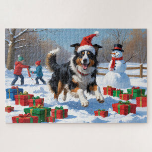 Rough Collie Running in Snow with Christmas Hat Jigsaw Puzzle