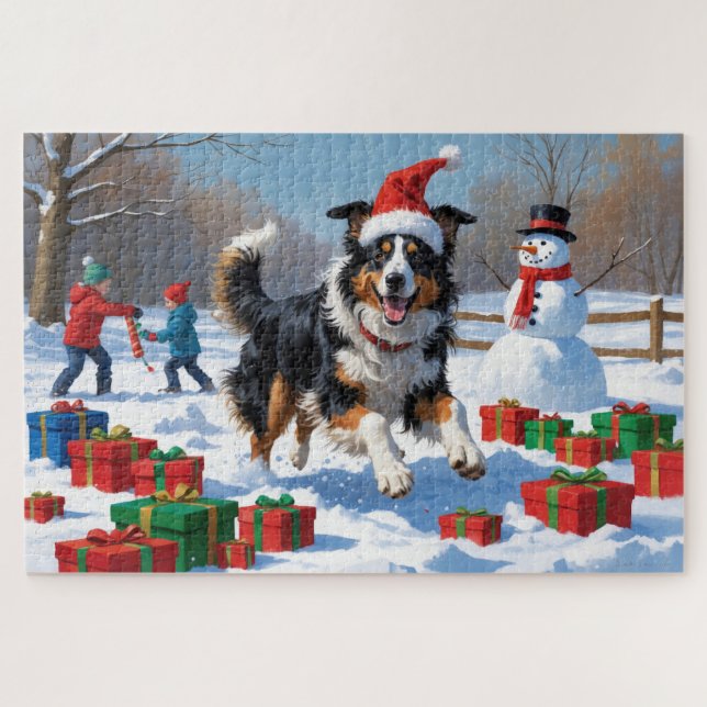 Rough Collie Running in Snow with Christmas Hat Jigsaw Puzzle (Horizontal)